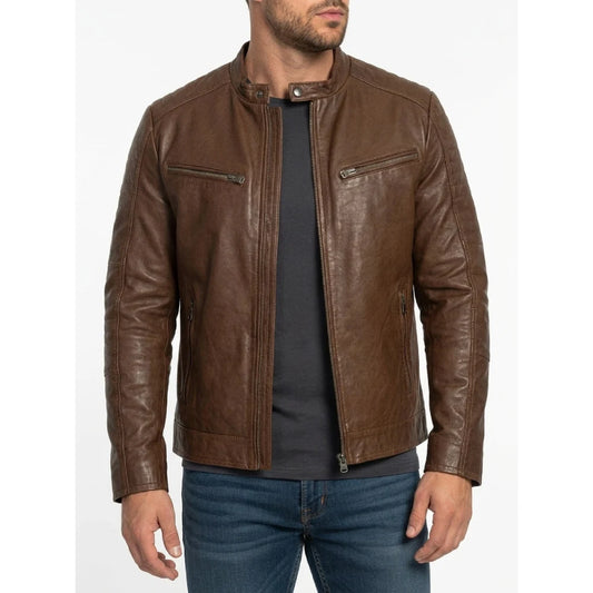Shop mens waxed sheepskin chocolate brown leather jacket
