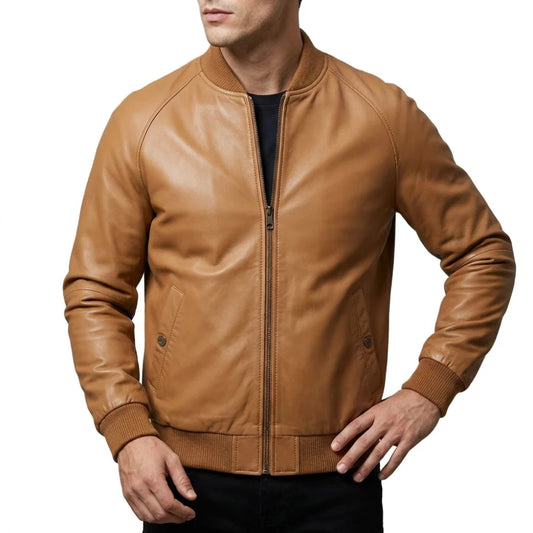 Shop tan brown leather bomber jacket men