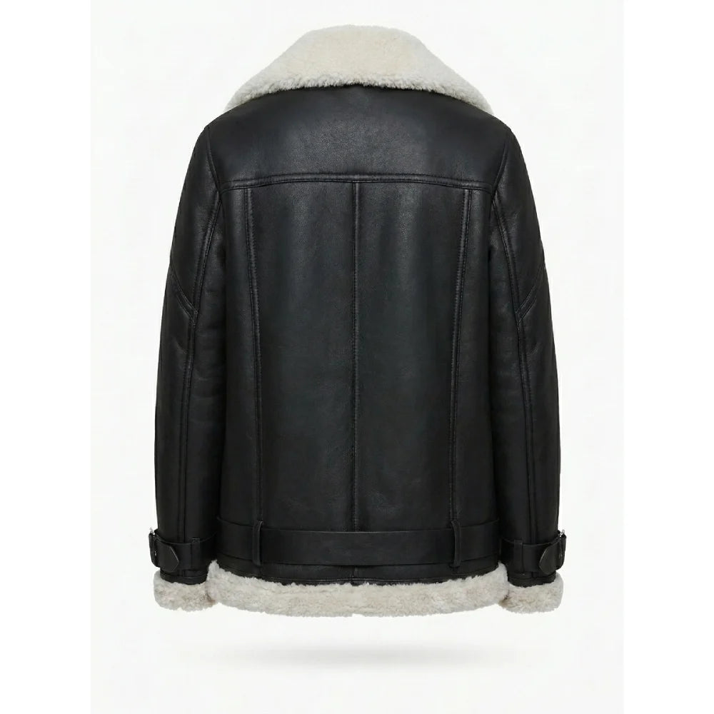 Shop women black shearling biker leather jacket