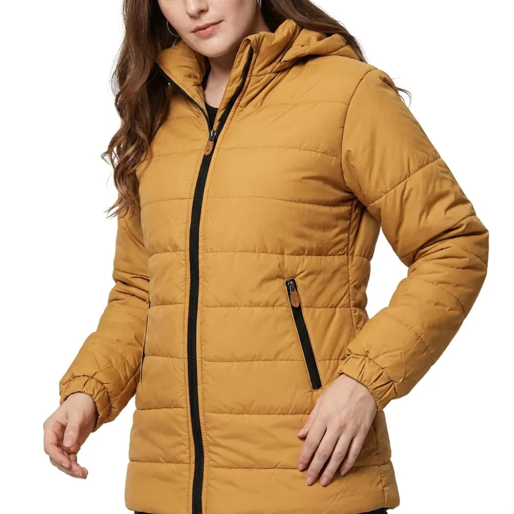 Shop women mustard hooded puffer jacket winter