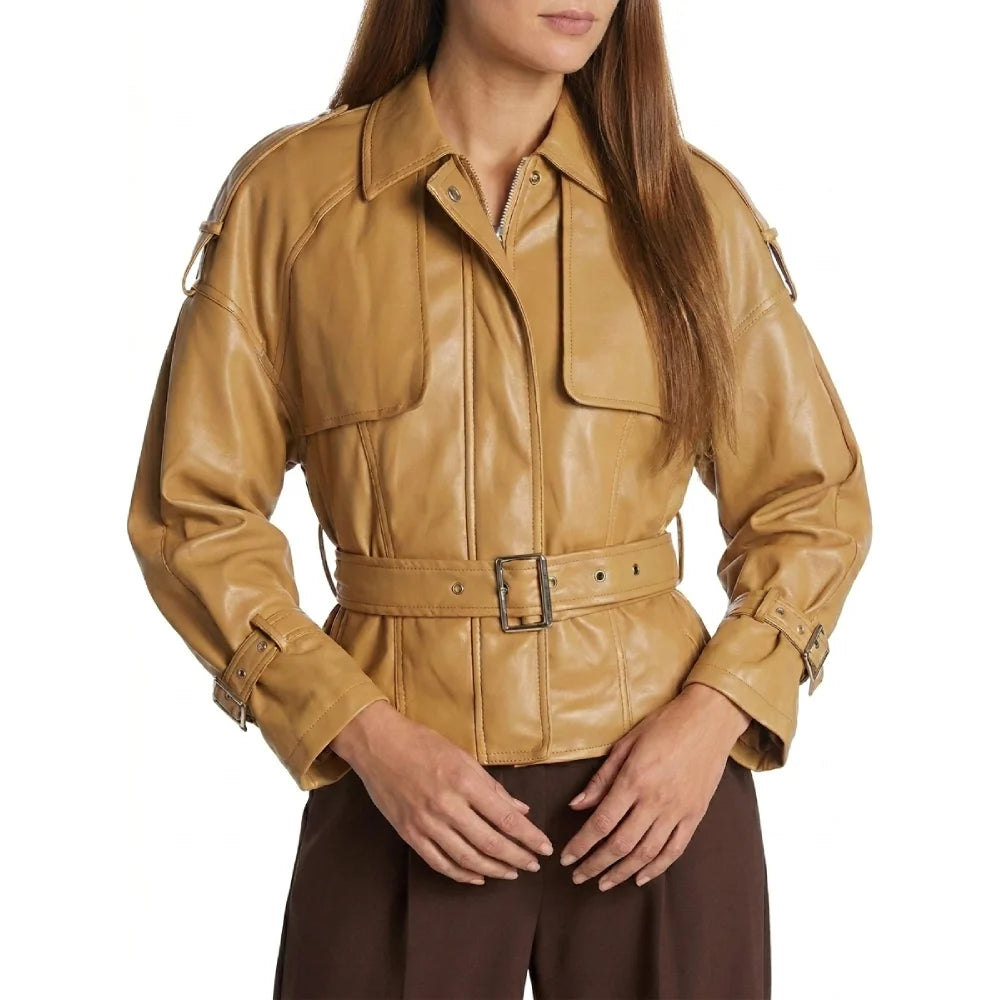 Shop women tan belted leather jacket shirt collar