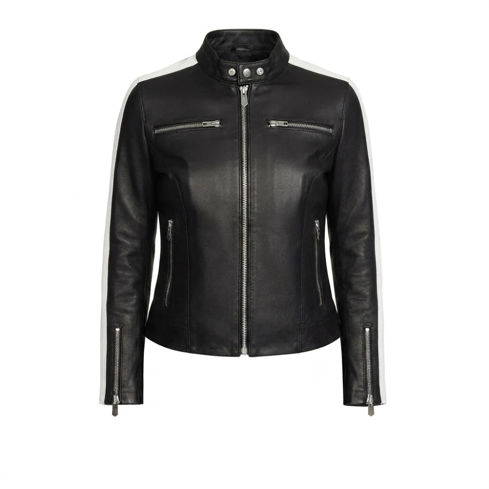 Shop womens black leather jacket white stripe