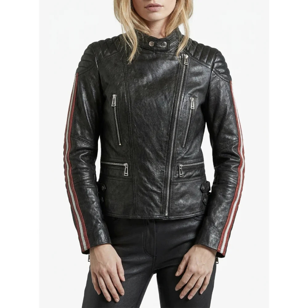 Shop womens black leather quilted striped sleeves jacket