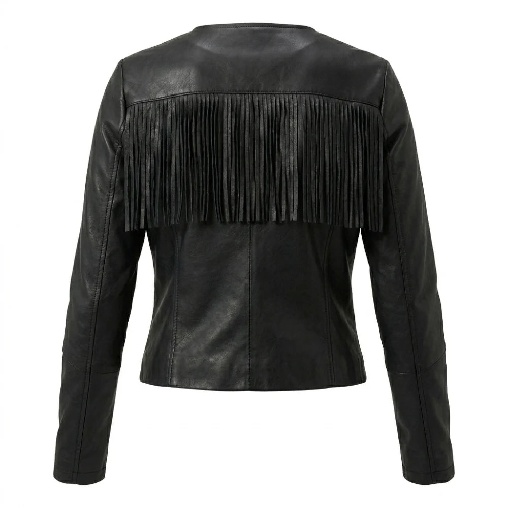 Shop womens black leather western fringe jacket