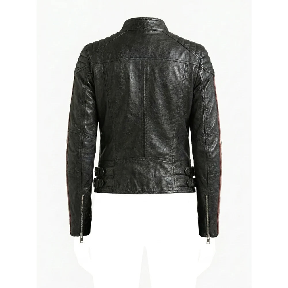 Shop womens black quilted leather jacket striped sleeves