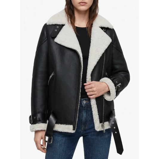 Shop womens black shearling leather biker jacket