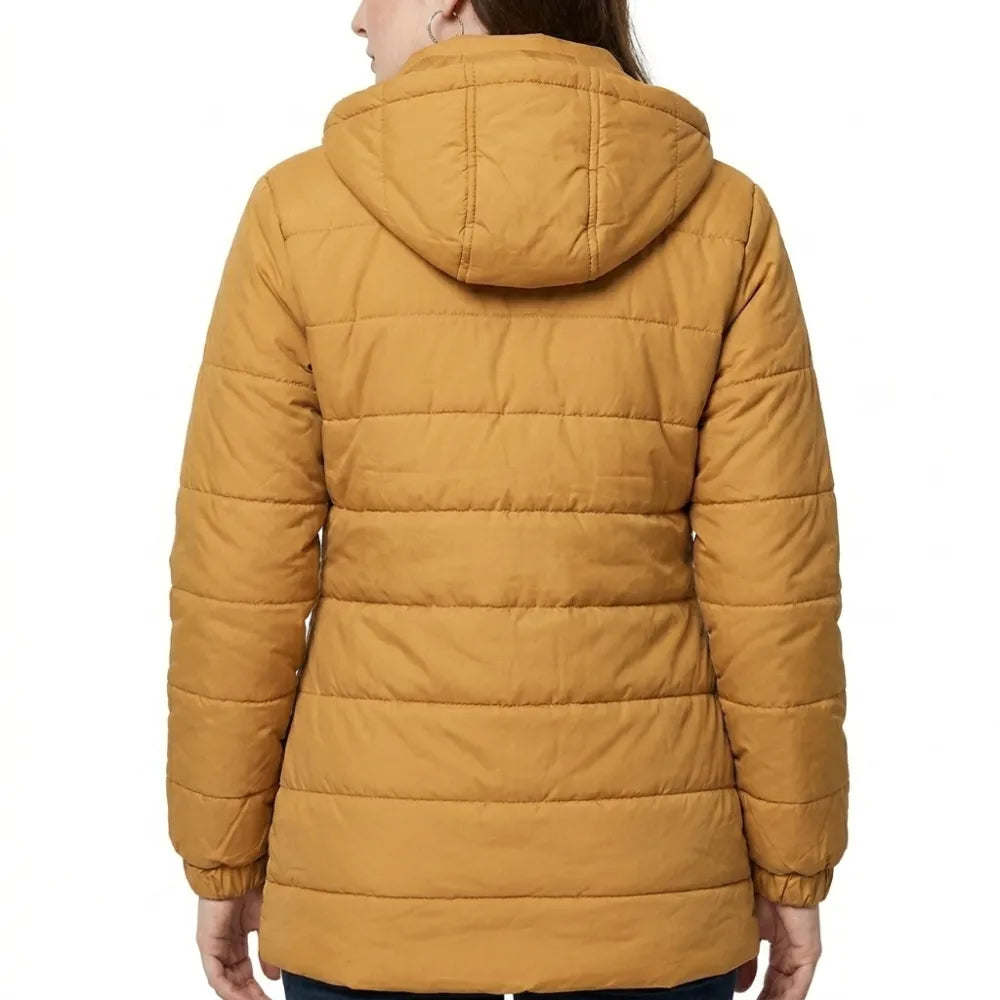 Shop womens mustard quilted puffer hooded jacket