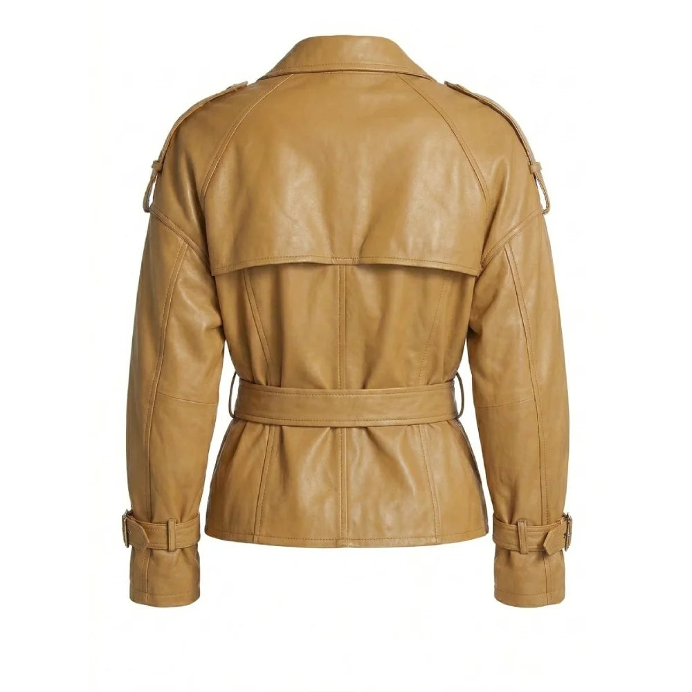 Shop womens tan shirt collar belted leather jacket