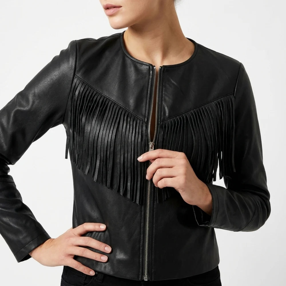 Shop womens western style black leather fringe jacket