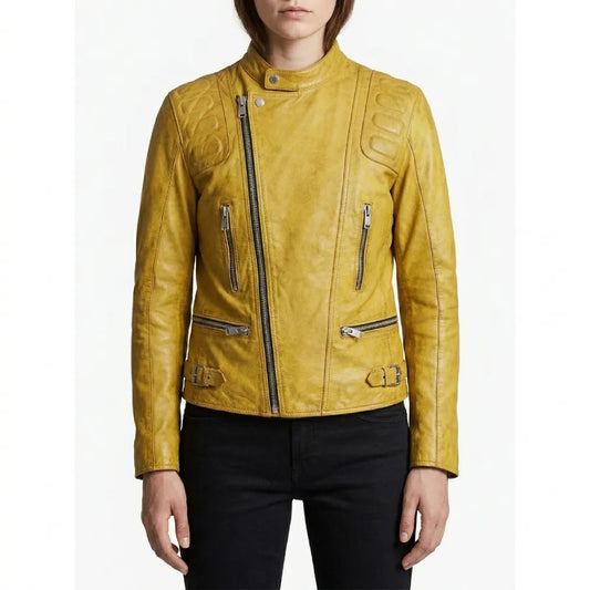 Shop womens yellow moto leather jacket online