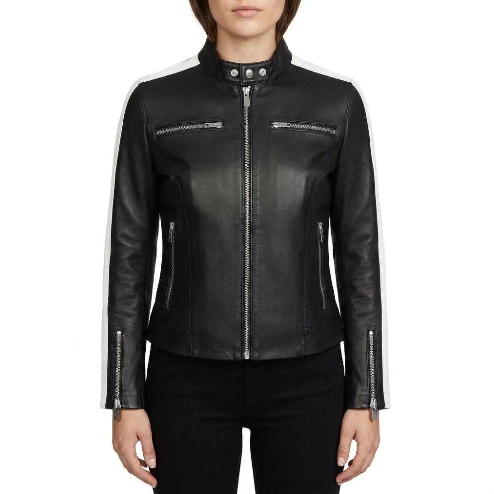 Shop womens zipper pockets black leather jacket