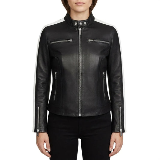 Shop womens zipper pockets black leather jacket