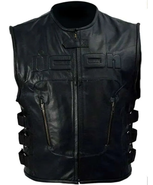 Skull Icon Black Leather Vest