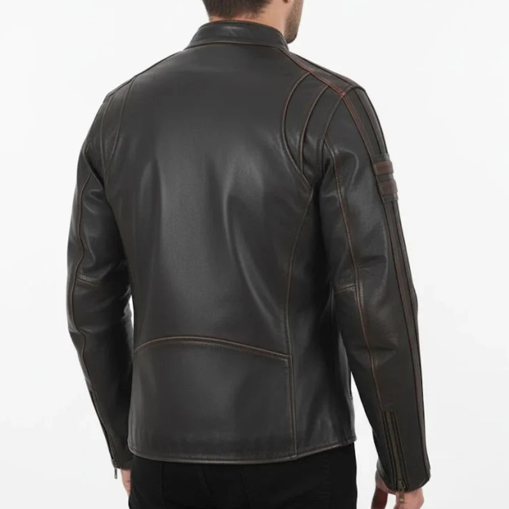 Striped Leather Cafe Racer Jacket