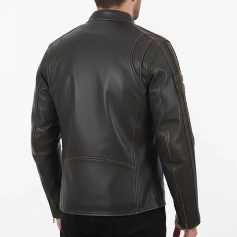 Striped Leather Cafe Racer Jacket