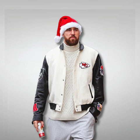 Travis Kelce Chiefs  White and Black Varsity Jacket