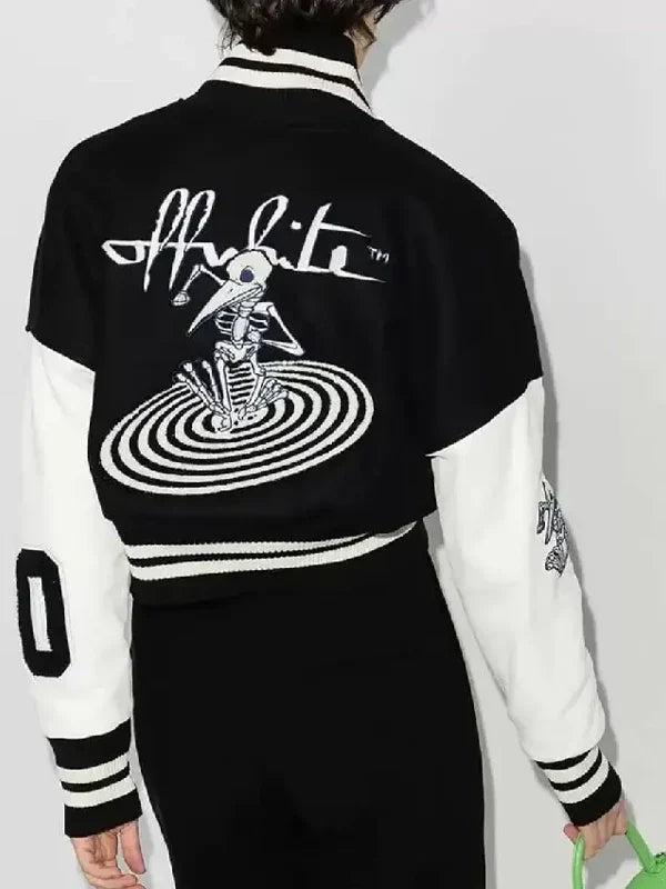 Off White Black and White Cropped Bomber Wool Varsity Jacket