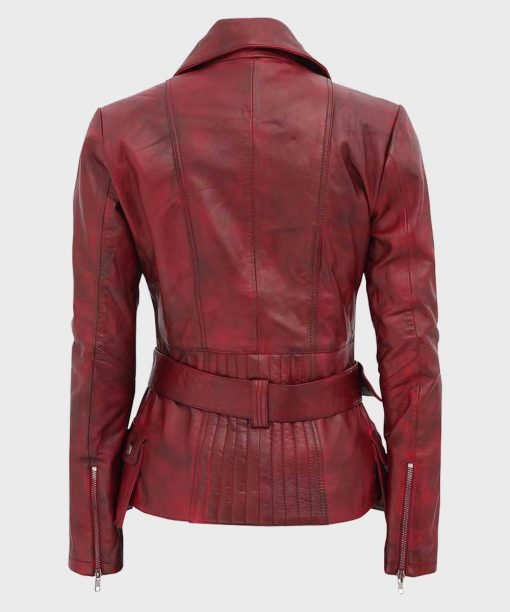 Women burgundy distressed moto jacket