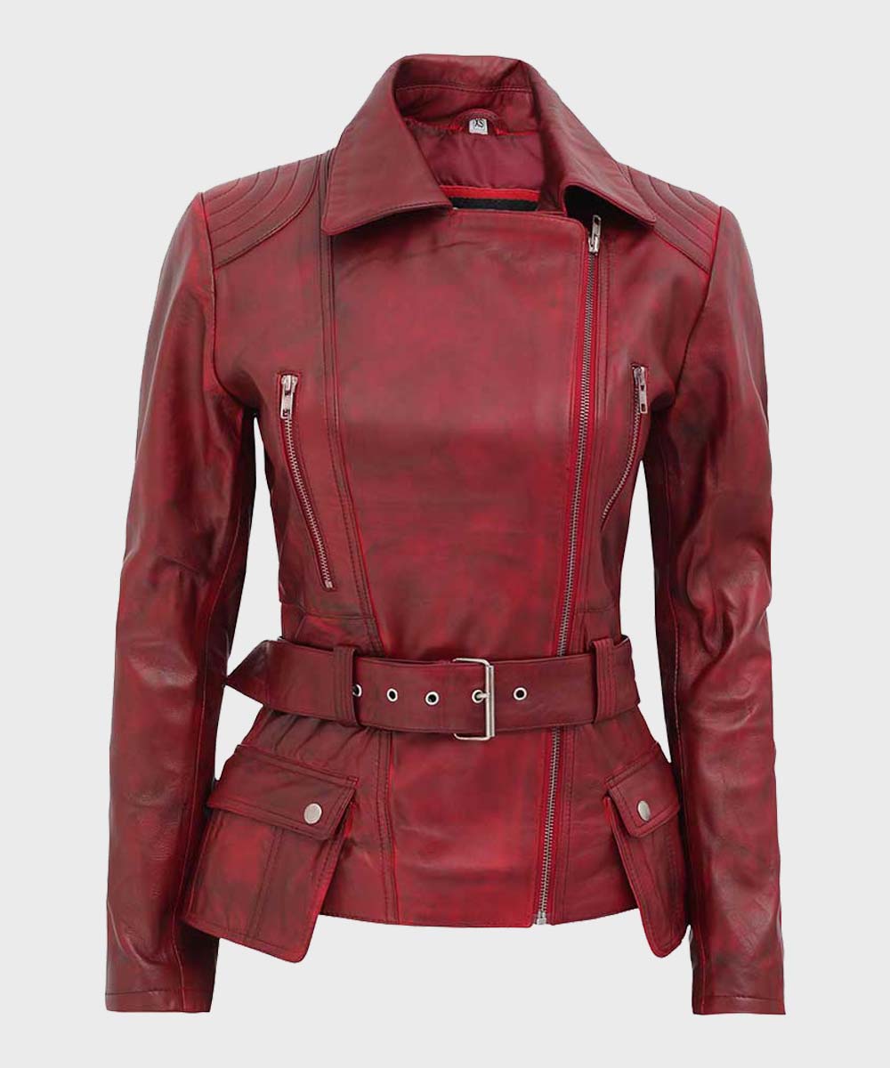 Burgundy distressed motorcycle jacket