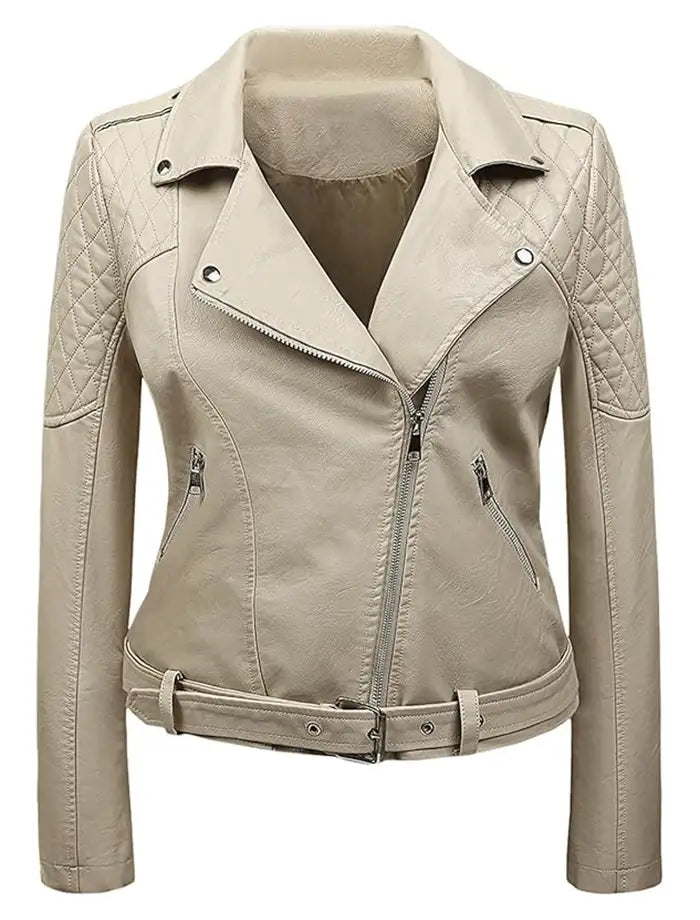 Women's Genuine Cafe Racer Beige Leather Jacket