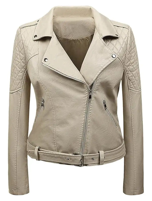 Women's Genuine Cafe Racer Beige Leather Jacket