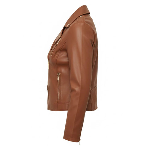 Womens Brown Zipper Biker Jacket