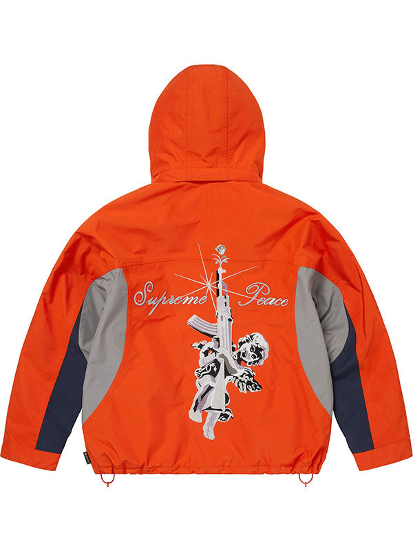 Orange Supreme Peace Gore-Tex jacket shown with the full embroidered skull, rose, and cross graphic across the upper back.