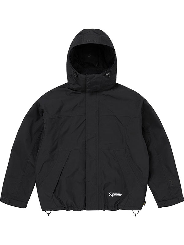 Supreme Peace Gore-Tex jacket in black with hood up, front view showing the tonal box logo.