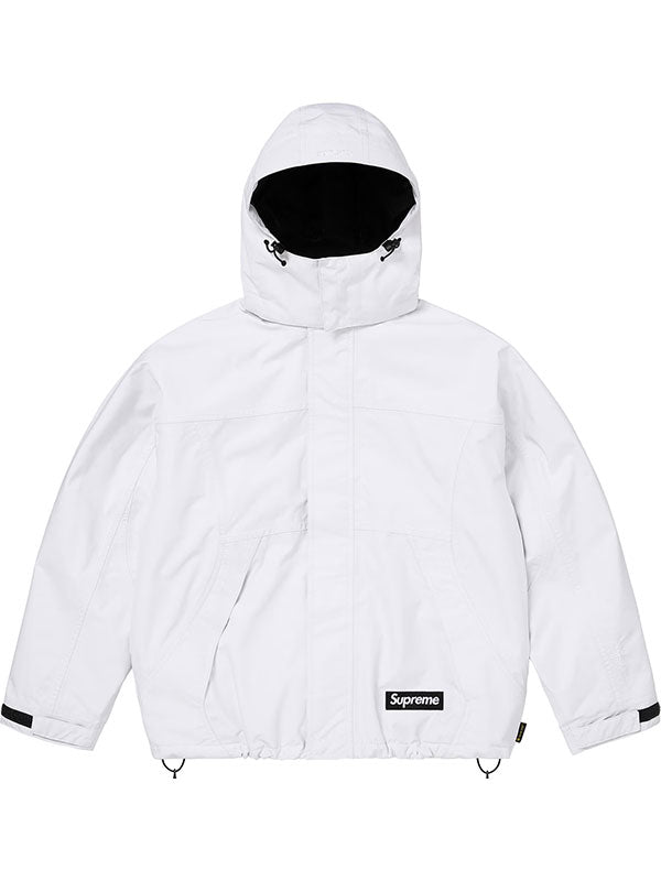 Supreme Peace Gore-Tex jacket in white with hood up, front view showing the black box logo patch.