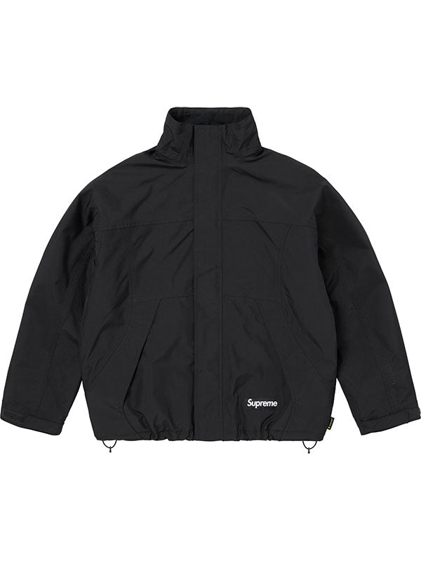 Black Supreme Gore-Tex jacket with hood down, front view showing the streamlined silhouette.