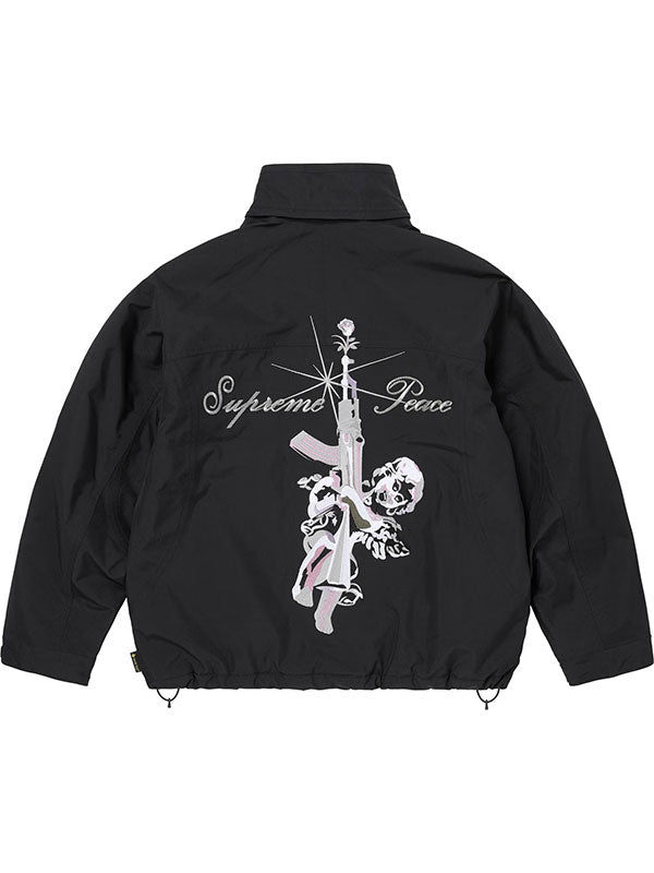 Back view of the black Supreme Peace Gore-Tex jacket displaying the embroidered rifle, rose, and script detailing.